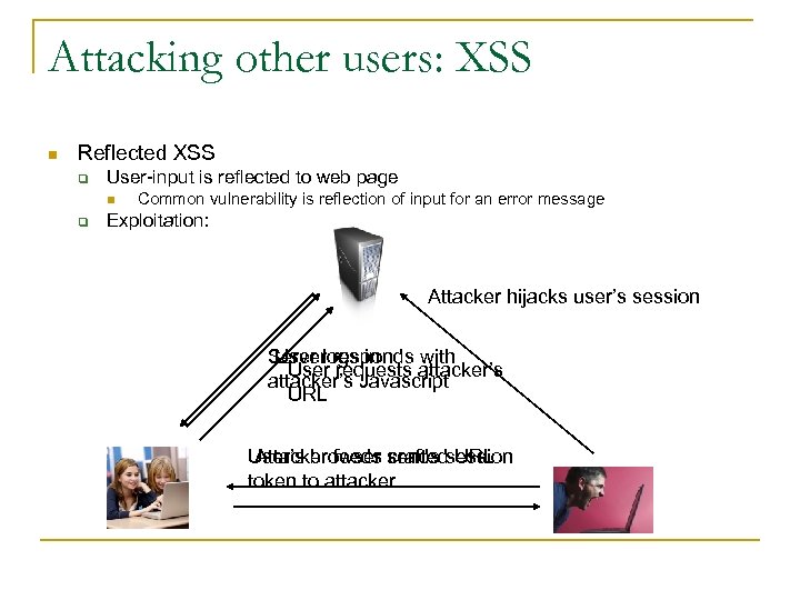 Attacking other users: XSS n Reflected XSS q User-input is reflected to web page