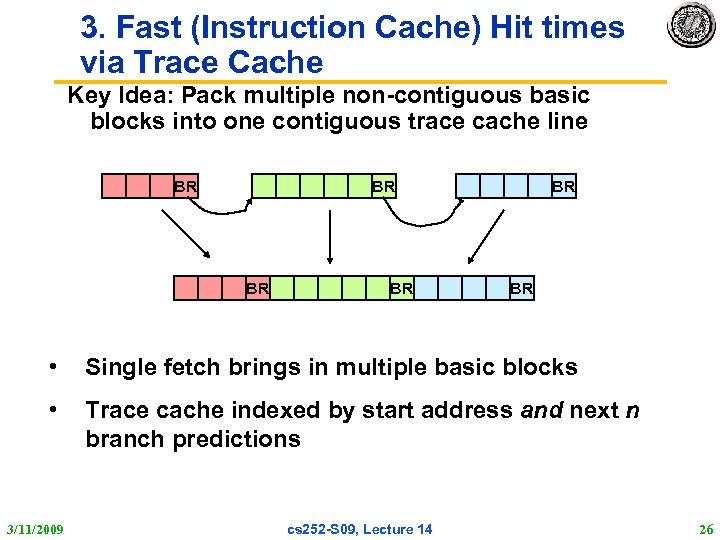 3. Fast (Instruction Cache) Hit times via Trace Cache Key Idea: Pack multiple non-contiguous