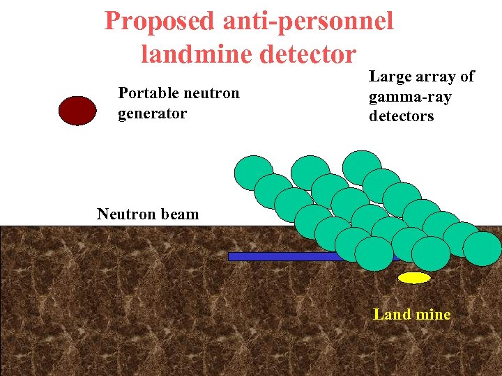 Proposed anti-personnel landmine detector Portable neutron generator Large array of gamma-ray detectors Neutron beam