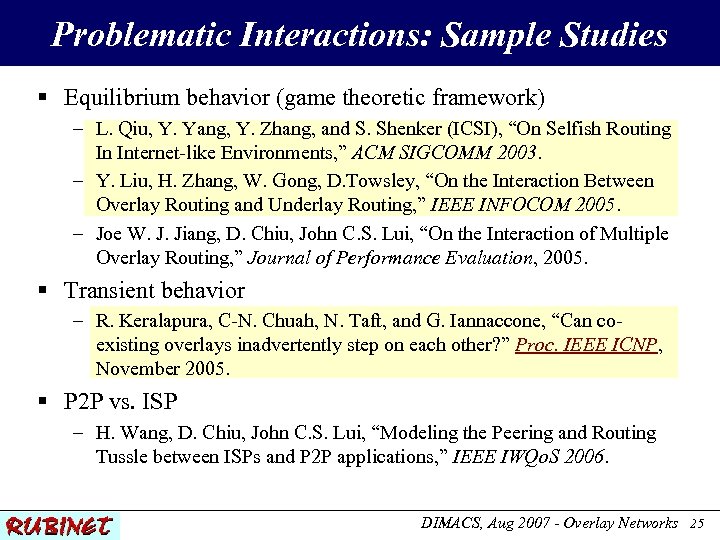 Problematic Interactions: Sample Studies § Equilibrium behavior (game theoretic framework) – L. Qiu, Y.