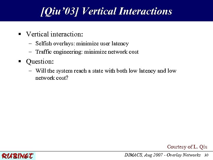 [Qiu’ 03] Vertical Interactions § Vertical interaction: – Selfish overlays: minimize user latency –
