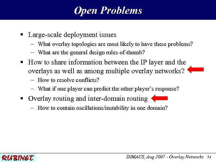 Open Problems § Large-scale deployment issues – What overlay topologies are most likely to