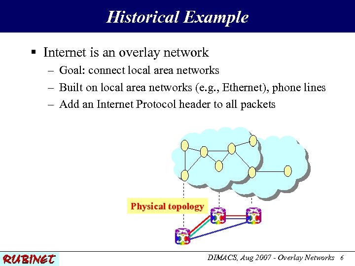 Historical Example § Internet is an overlay network – Goal: connect local area networks