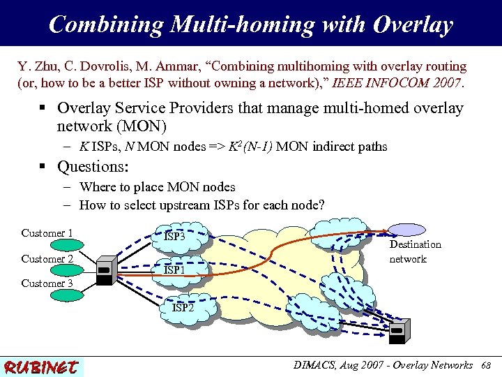 Combining Multi-homing with Overlay Y. Zhu, C. Dovrolis, M. Ammar, “Combining multihoming with overlay