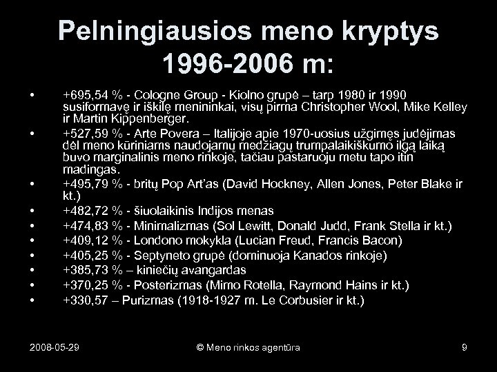 Pelningiausios meno kryptys 1996 -2006 m: • • • +695, 54 % - Cologne