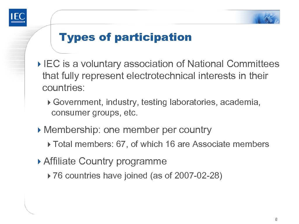 Types of participation 4 IEC is a voluntary association of National Committees that fully