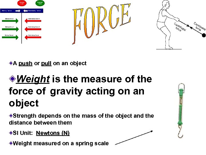 A push or pull on an object Weight is the measure of the force