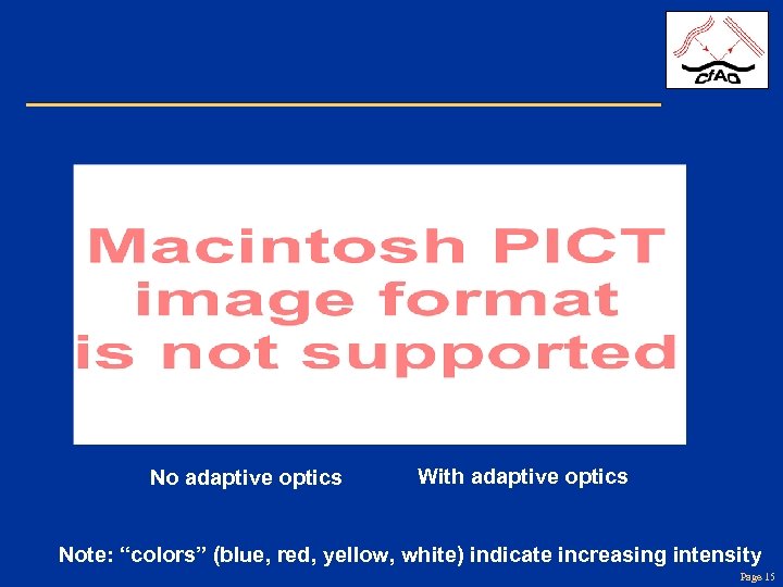 No adaptive optics With adaptive optics Note: “colors” (blue, red, yellow, white) indicate increasing