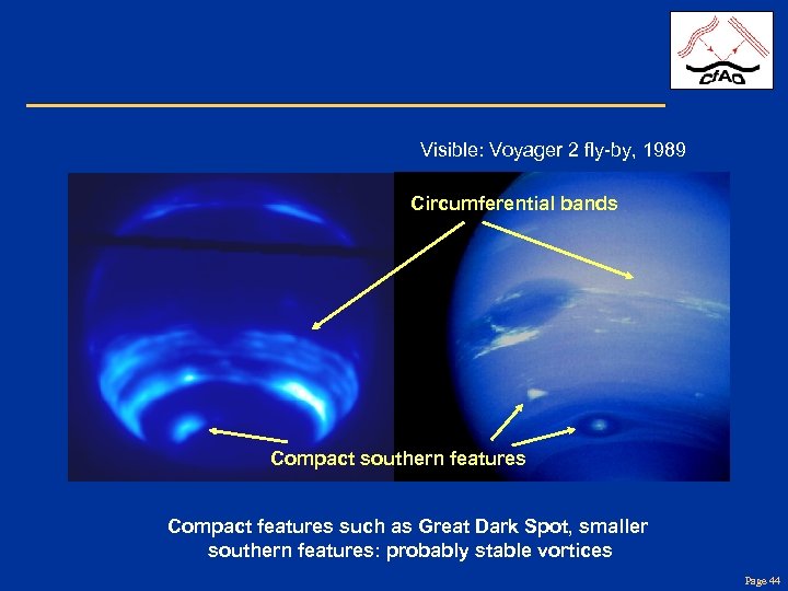 Visible: Voyager 2 fly-by, 1989 Circumferential bands Compact southern features Compact features such as