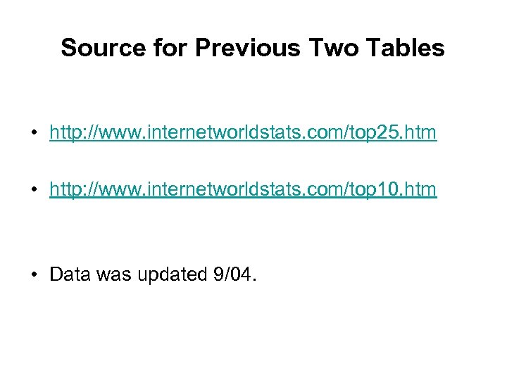 Source for Previous Two Tables • http: //www. internetworldstats. com/top 25. htm • http: