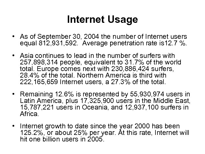 Internet Usage • As of September 30, 2004 the number of Internet users equal