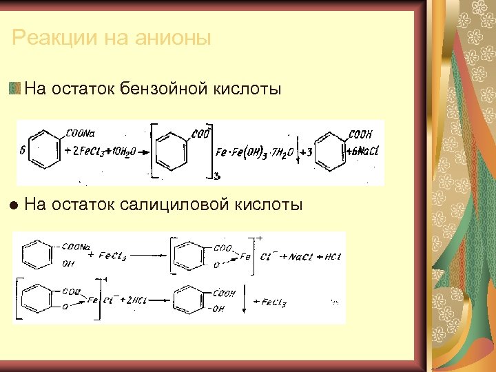 Реакции на анионы На остаток бензойной кислоты l На остаток салициловой кислоты 