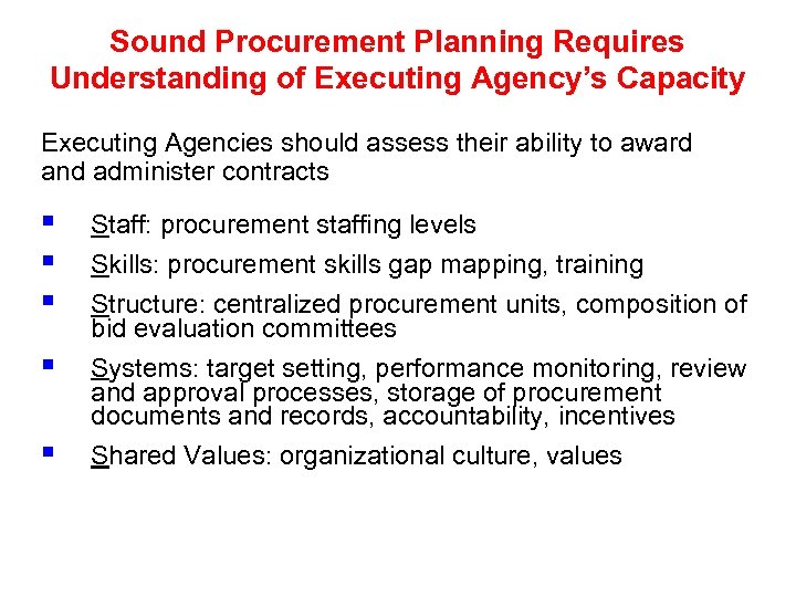 Sound Procurement Planning Requires Understanding of Executing Agency’s Capacity Executing Agencies should assess their