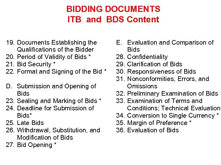 BIDDING DOCUMENTS ITB and BDS Content 19. Documents Establishing the Qualifications of the Bidder