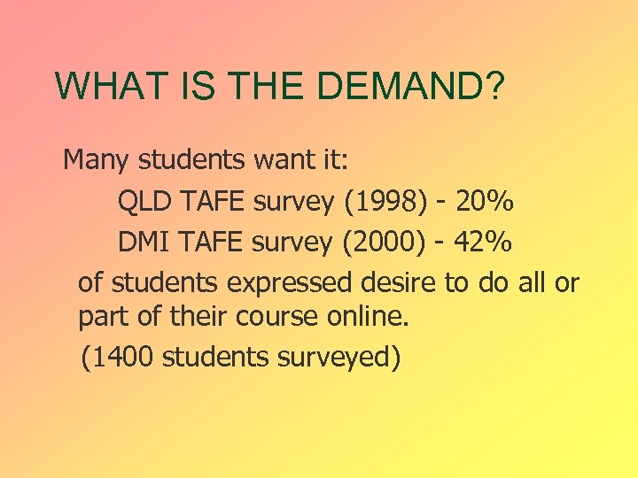 WHAT IS THE DEMAND? Many students want it: QLD TAFE survey (1998) - 20%