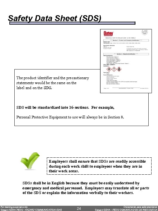 Safety Data Sheet (SDS) The product identifier and the precautionary statements would be the