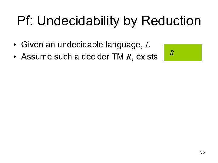 Pf: Undecidability by Reduction • Given an undecidable language, L • Assume such a