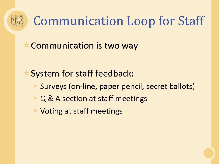 Communication Loop for Staff Communication is two way System for staff feedback: § Surveys