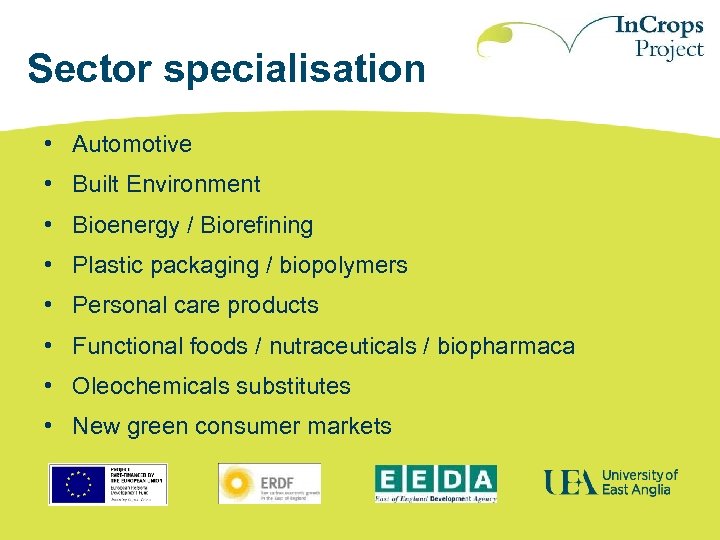 Sector specialisation • Automotive • Built Environment • Bioenergy / Biorefining • Plastic packaging
