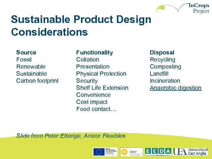 Sustainable Product Design Considerations Source Fossil Renewable Sustainable Carbon footprint Functionality Collation Presentation Physical