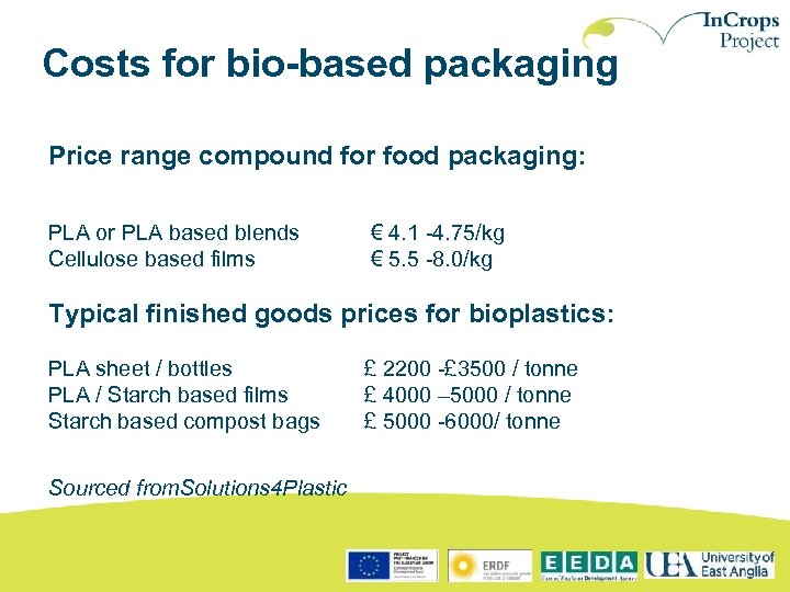 Costs for bio-based packaging Price range compound for food packaging: PLA or PLA based