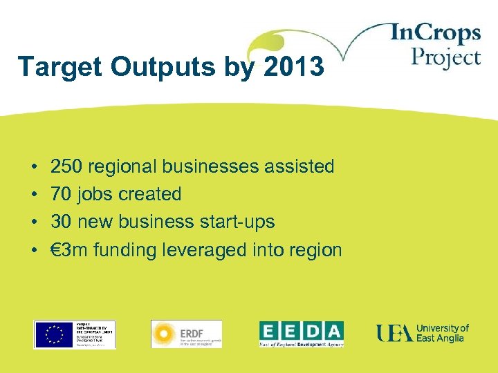 Target Outputs by 2013 • • 250 regional businesses assisted 70 jobs created 30