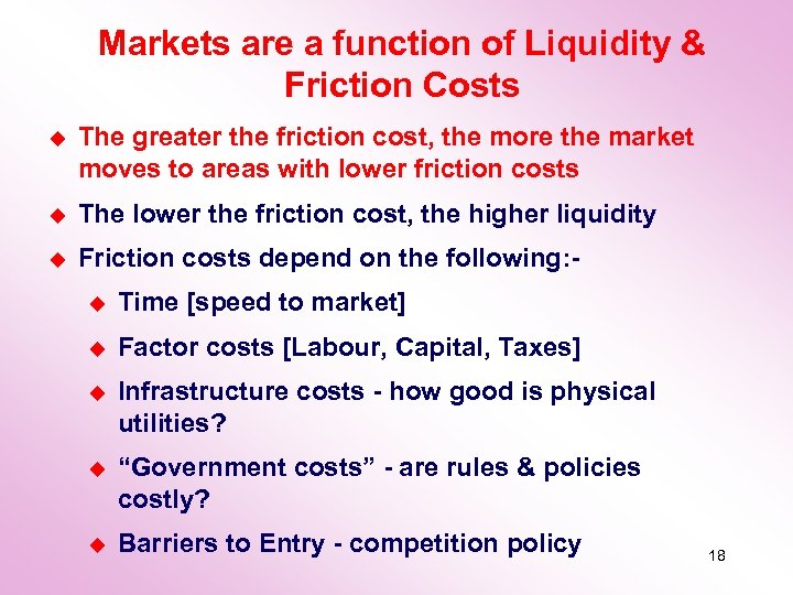Markets are a function of Liquidity & Friction Costs u The greater the friction