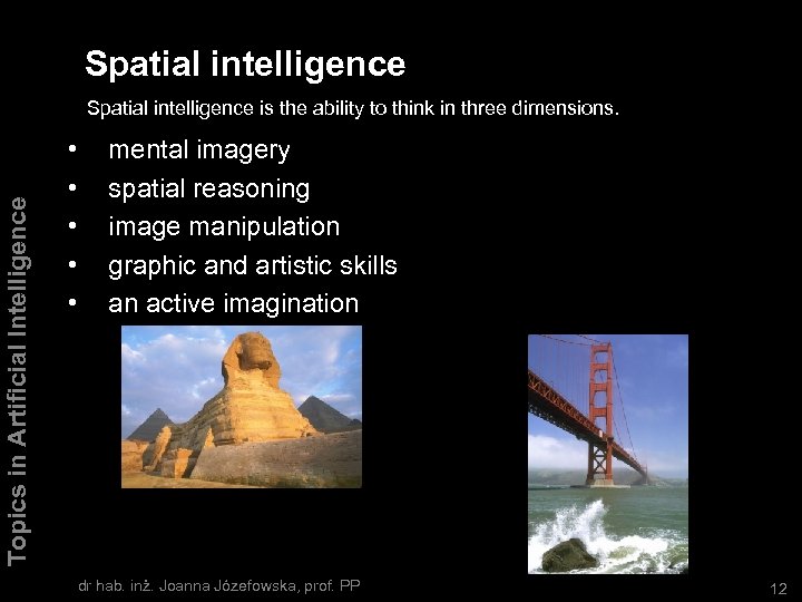 Spatial intelligence Topics in Artificial Intelligence Spatial intelligence is the ability to think in