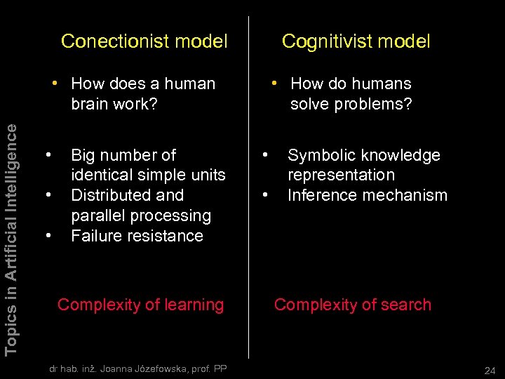 Conectionist model Cognitivist model Topics in Artificial Intelligence • How does a human brain