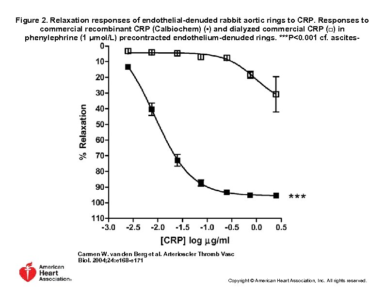 Figure 2. Relaxation responses of endothelial-denuded rabbit aortic rings to CRP. Responses to commercial