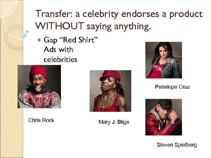 Transfer: a celebrity endorses a product WITHOUT saying anything. Gap “Red Shirt” Ads with