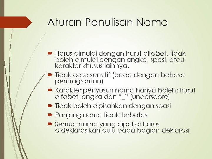 Aturan Penulisan Nama Harus dimulai dengan huruf alfabet, tidak boleh dimulai dengan angka, spasi,