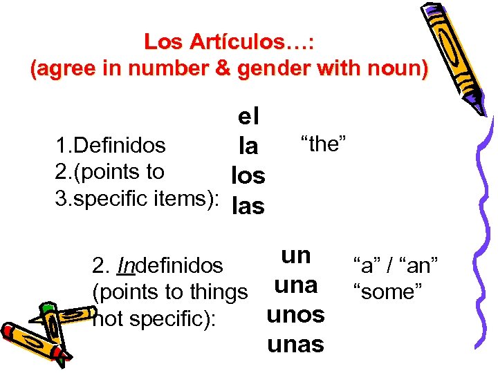 Los Artículos…: (agree in number & gender with noun) el 1. Definidos la 2.