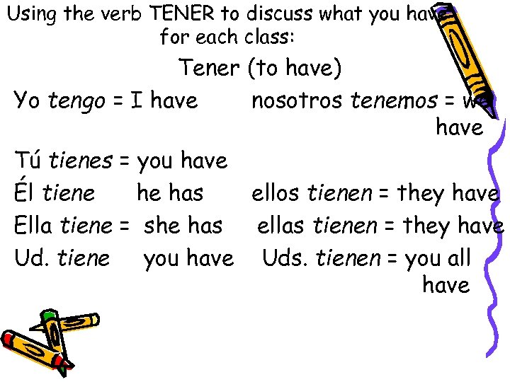Using the verb TENER to discuss what you have for each class: Tener (to