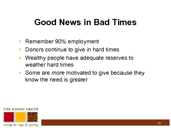 Good News in Bad Times § Remember 90% employment § Donors continue to give