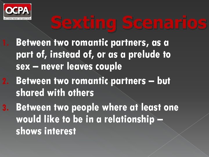 Sexting Scenarios Between two romantic partners, as a part of, instead of, or as