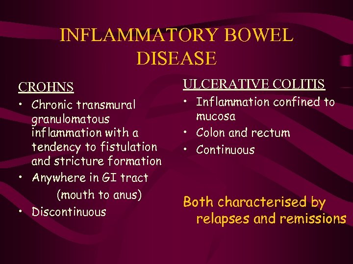 INFLAMMATORY BOWEL DISEASE CROHNS • Chronic transmural granulomatous inflammation with a tendency to fistulation