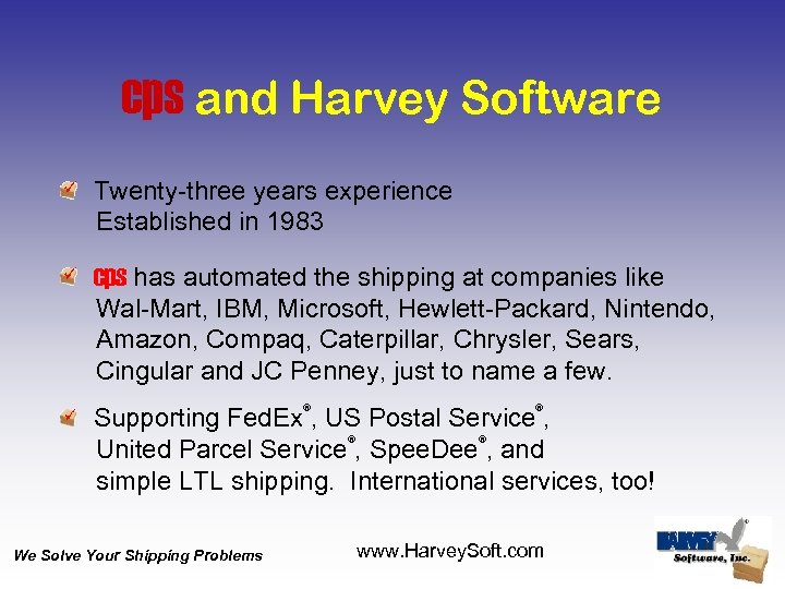 cps and Harvey Software Twenty-three years experience Established in 1983 cps has automated the