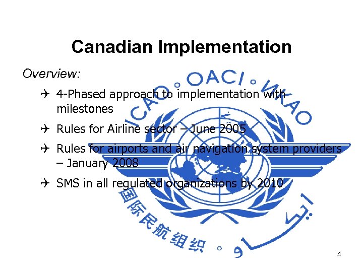 Canadian Implementation Overview: Q 4 -Phased approach to implementation with milestones Q Rules for