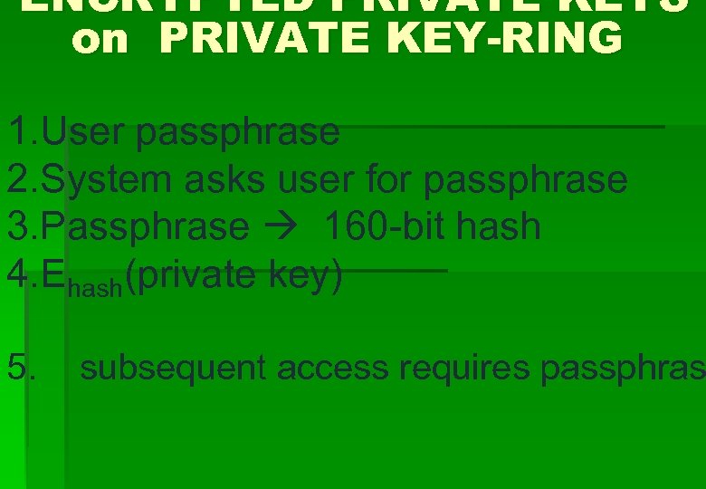 ENCRYPTED PRIVATE KEYS on PRIVATE KEY-RING 1. User passphrase 2. System asks user for