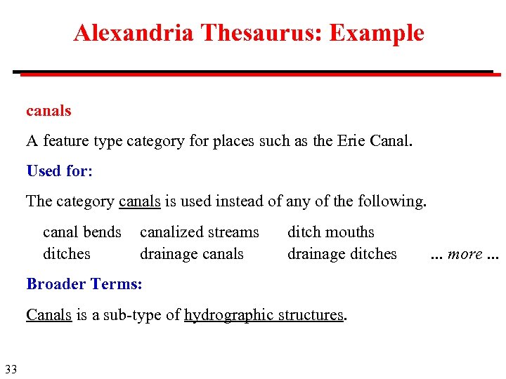Alexandria Thesaurus: Example canals A feature type category for places such as the Erie