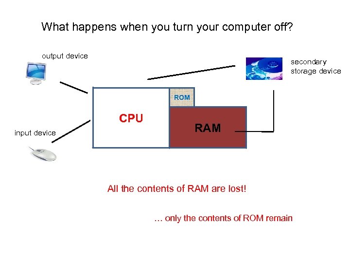 What happens when you turn your computer off? output device secondary storage device ROM