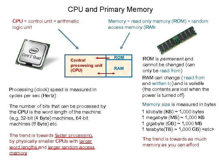 CPU and Primary Memory CPU = control unit + arithmetic logic unit Central processing