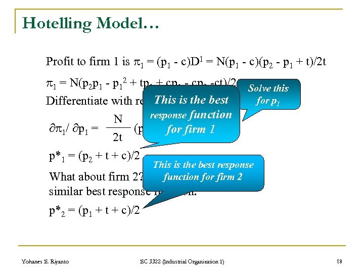Hotelling Model… Profit to firm 1 is p 1 = (p 1 - c)D