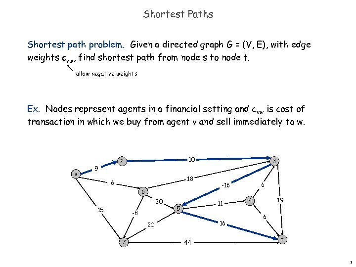 Shortest Paths Shortest path problem. Given a directed graph G = (V, E), with