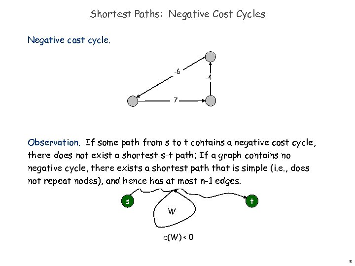 Shortest Paths: Negative Cost Cycles Negative cost cycle. -6 -4 7 Observation. If some