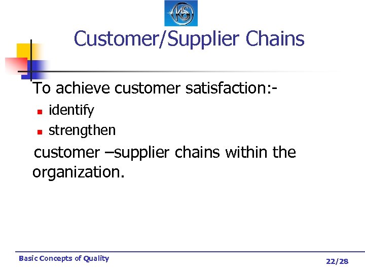 Customer/Supplier Chains To achieve customer satisfaction: n n identify strengthen customer –supplier chains within