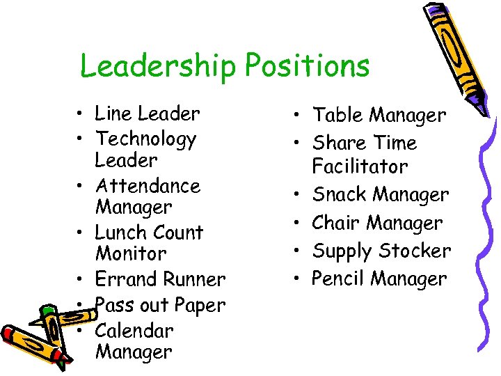 Leadership Positions • Line Leader • Technology Leader • Attendance Manager • Lunch Count