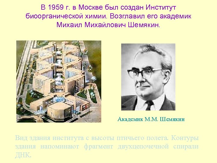 В 1959 г. в Москве был создан Институт биоорганической химии. Возглавил его академик Михаил