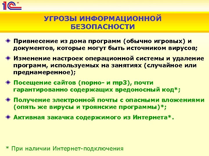 УГРОЗЫ ИНФОРМАЦИОННОЙ БЕЗОПАСНОСТИ Привнесение из дома программ (обычно игровых) и документов, которые могут быть